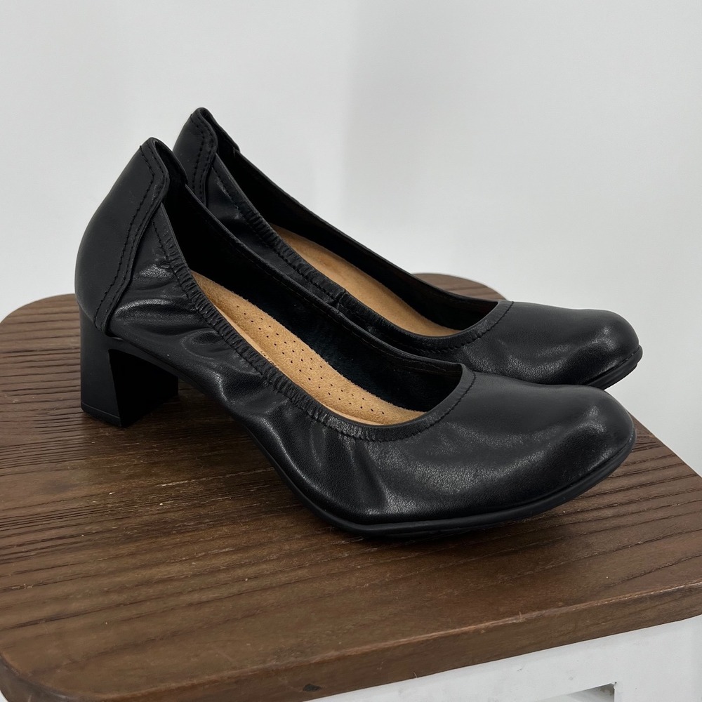 Clarks Collection Black Leather Ultimate Comfort Block Heel Pumps Womens 10 Wide